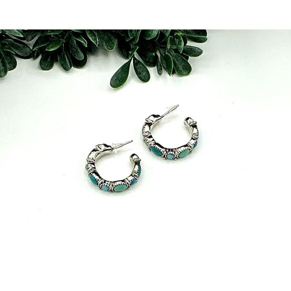 Silver-Tone Hoop with Turquoise beaded Earrings by Chaps - Picture 3 of 5